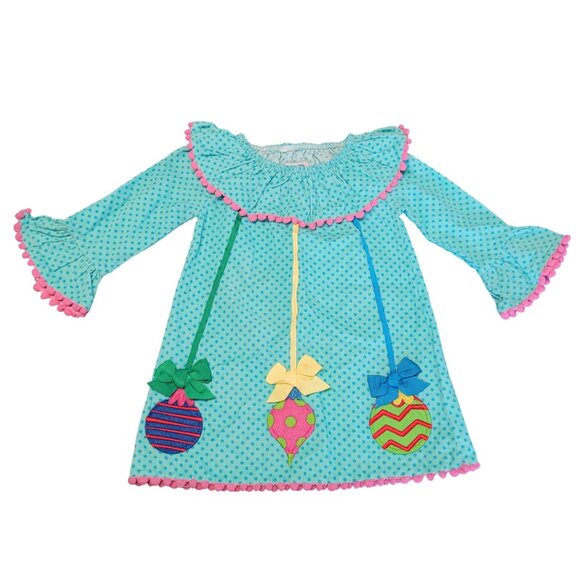 Mud Pie Baby Girl Christmas Ornament Dress 9-12M Aqua Polka Dot Pom Pom Corduroy - Picture 2 of 12